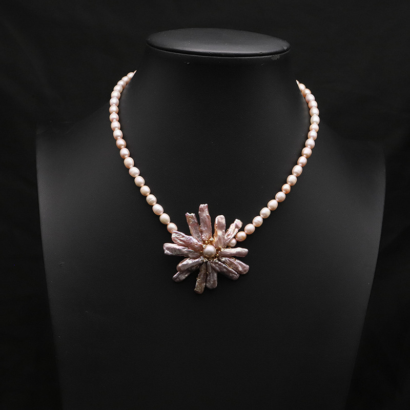 轻奢名媛天然珍珠淡水巴洛克项链手工花朵锁骨链大花饰品跨境热销-阿