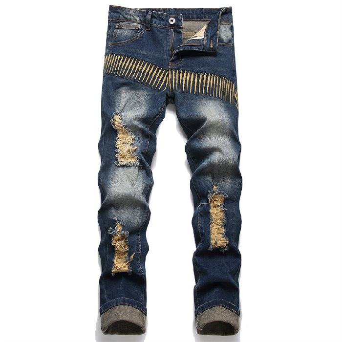   Foreign Trade Style Youth Popularity Slim Fit Stretch Youth Men's Ripped Embroidered Blue Small Feet Jeans 3394