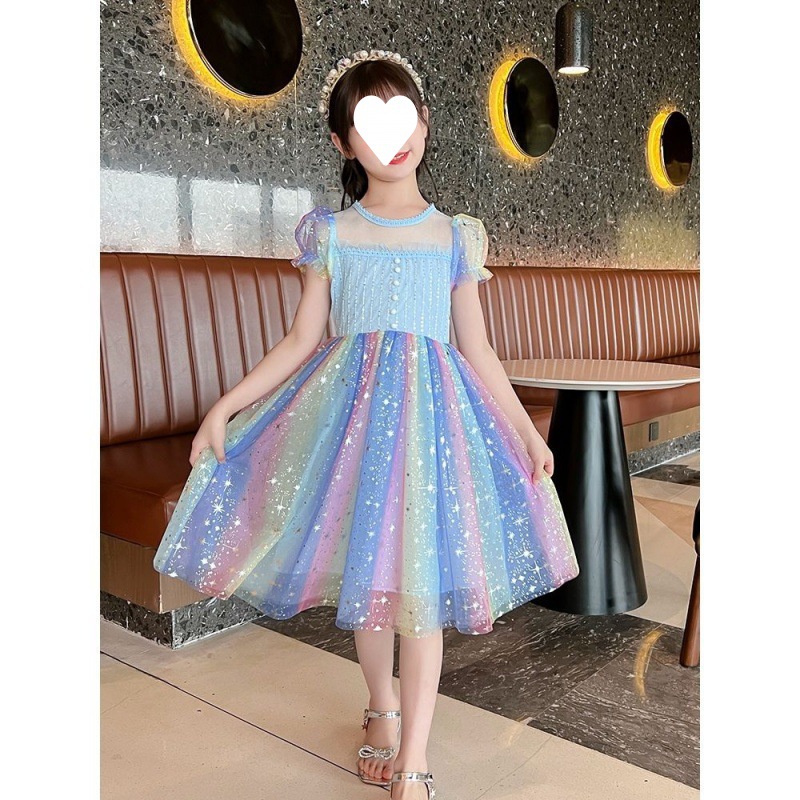 夏天裙子高级感童装女童短袖夏装儿童彩虹星空网纱公主裙裙子夏季