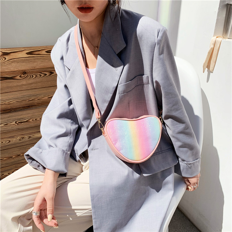 Foreign Trade New European and American Funny Fashion Personalized Creative Laser Colorful Sequins Heart Shaped Love Pu Women's Fashion Messenger Bag