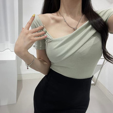 韩国2023春夏新款斜领不对称翻边修身显身材气质百搭短袖T恤女