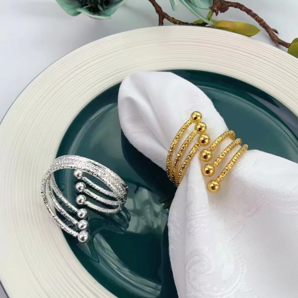 Cross-Border New Arrival Exquisite Napkin Ring Multi-Cut Shawl Golden Silver Napkin Ring Six Beads Factory Wholesale Napkin Ring