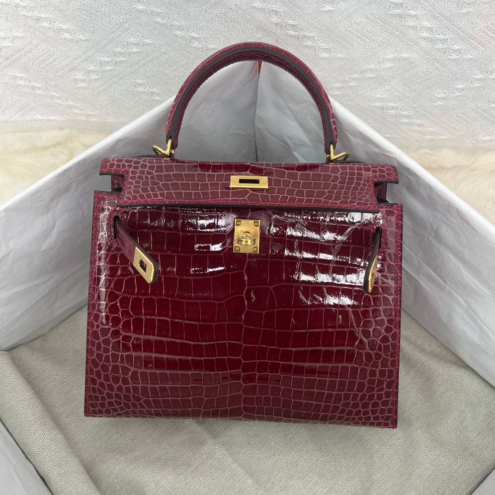 全手工手缝蜡线进口湾鳄鱼皮亮面高光kelly25时尚百搭斜挎单肩包