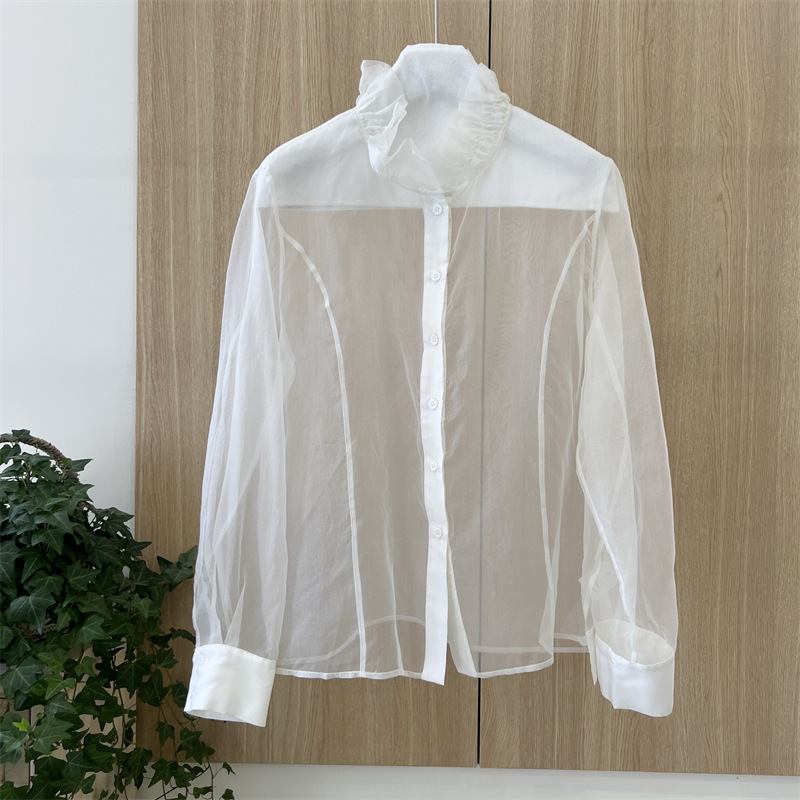 现货 早春女士衬衣木耳边领排扣欧根纱桑蚕丝叠穿气质上衣8045
