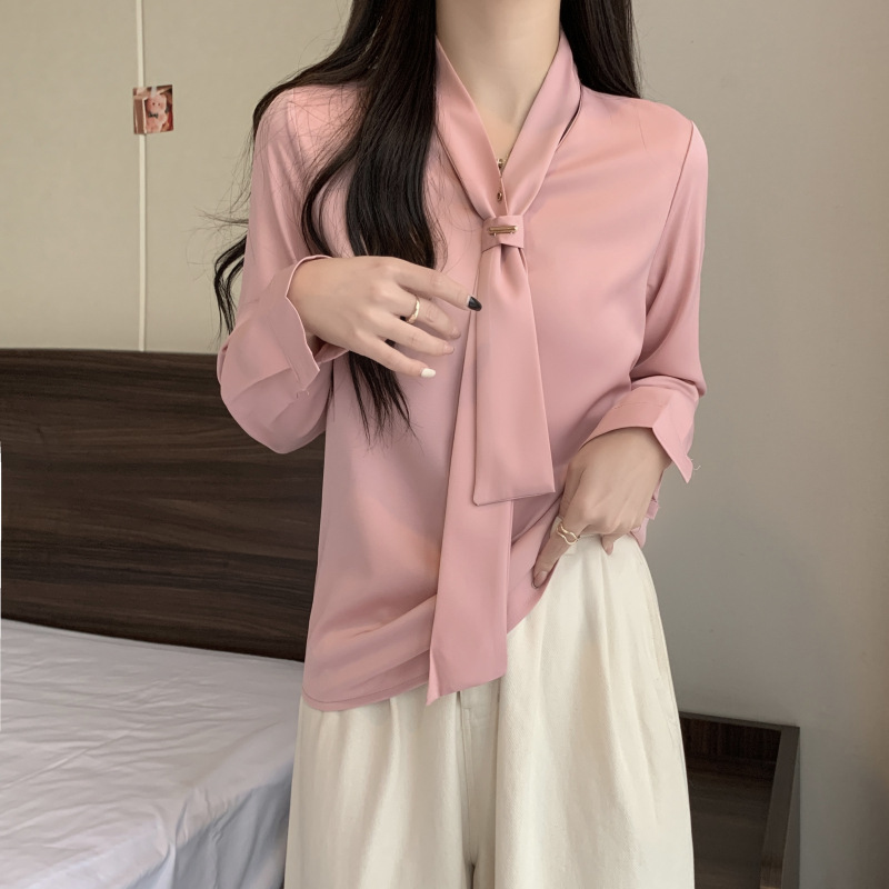 实拍现货 2023春季韩版宽松领带职业雪纺衫长袖衬衫女上衣气质ol