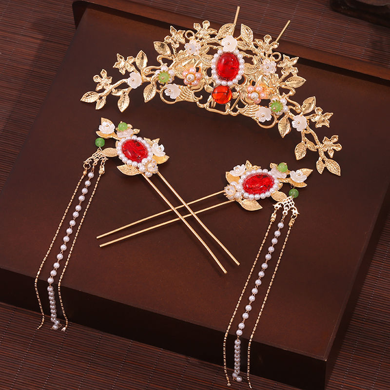 古风发冠汉服婚嫁头饰中式复古凤冠发簪套装红色古装婚礼头冠配饰