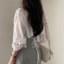 韩国夏季长袖雪纺防晒衫设计感小心机后背绑带露背短款衬衫女