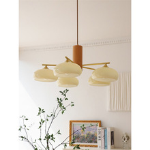 北欧原木风玻璃罩吊灯法式奶油简约日式中古客厅卧室餐厅全铜灯具