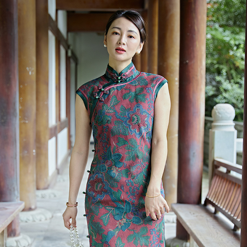 真丝改良旗袍桑蚕丝连衣裙中年妈妈装复古优雅风立领包肩袖旗袍