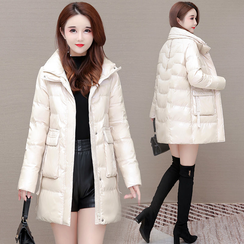 亮皮羽绒服女2021冬季新款高档个性女中长款韩版宽松高领免洗外套