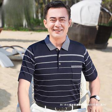 爸爸短袖t恤男夏装中年人冰丝宽松体恤男士条纹上衣服中老年男装