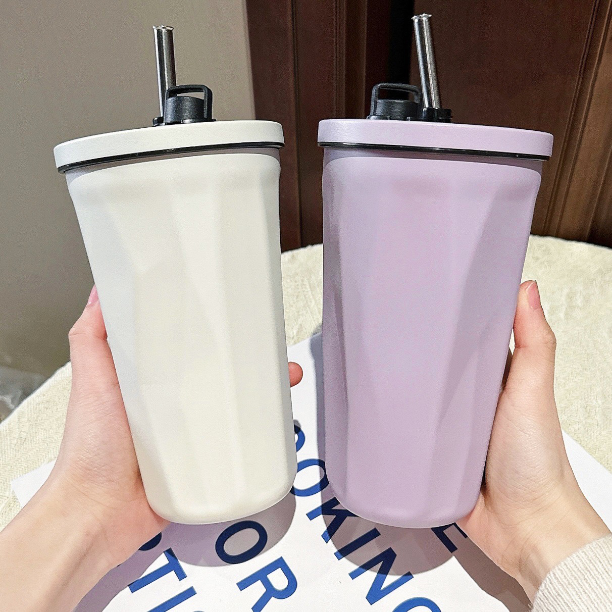 Cross-Border Diamond Vacuum Cup 304 Stainless Steel Diamond Gradient Straw Coffee Cup Large Capacity Cold-Keeping Ice Heater Cup