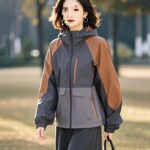 连帽宽松时尚百搭拼色新款2025女休闲韩版春秋冲锋衣外套夹克外穿