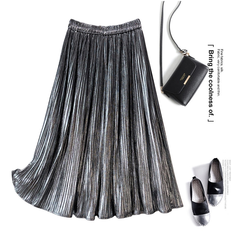 金属光泽感垂坠百褶裙半身裙女金色拉丝百折中长款港风银色裙子