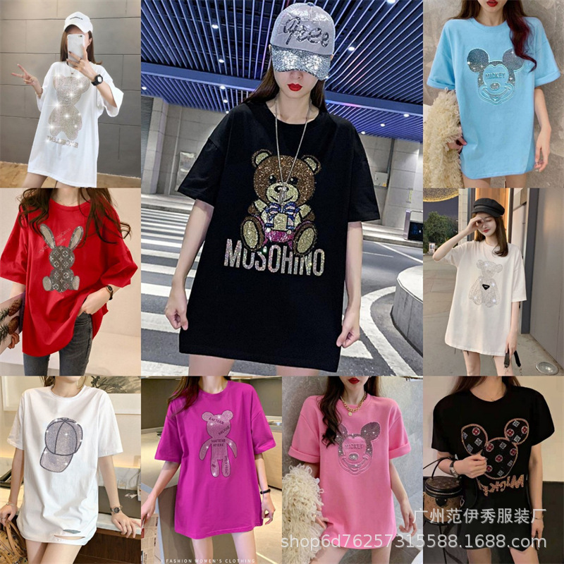 2023 New Summer Rhinestone T-shirt Short Sleeve Women's Loose Large Size European Goods Exquisite Rhinestone Cartoon Trendy Ins Women's Top