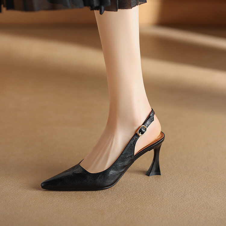 法式一字带细跟包头凉鞋女春夏新款磨砂皮后空黑色百搭尖头高跟鞋
