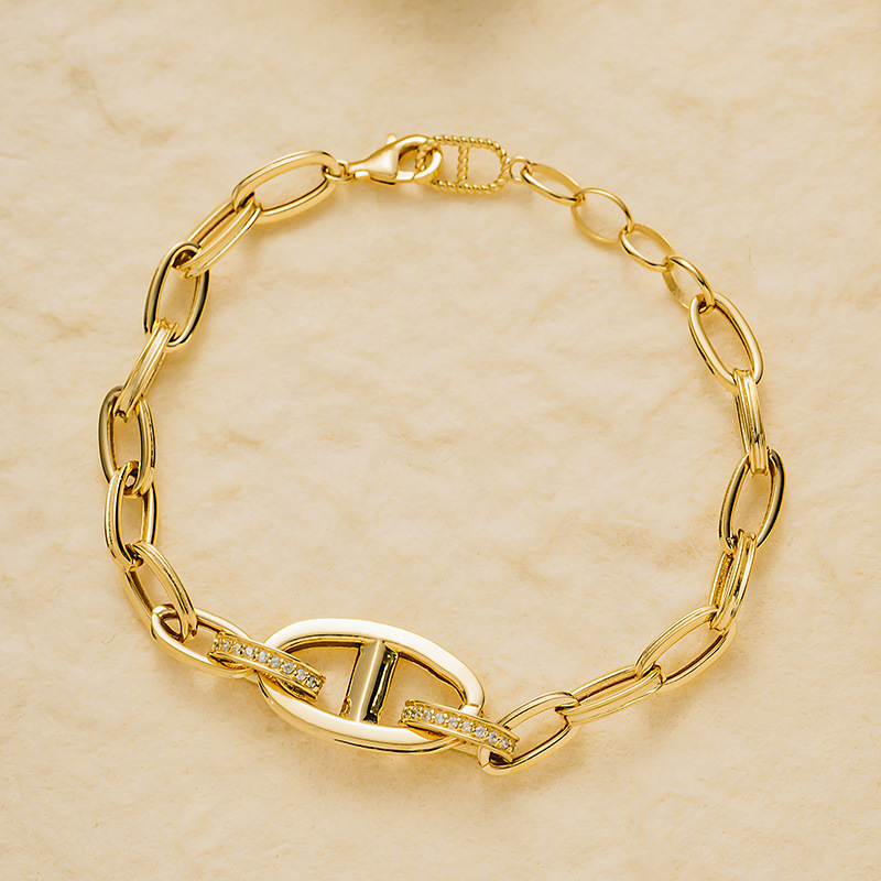 纯18k金14k金手链双层拼接猪鼻子镶嵌 宝石手饰黄金珠宝首饰40478