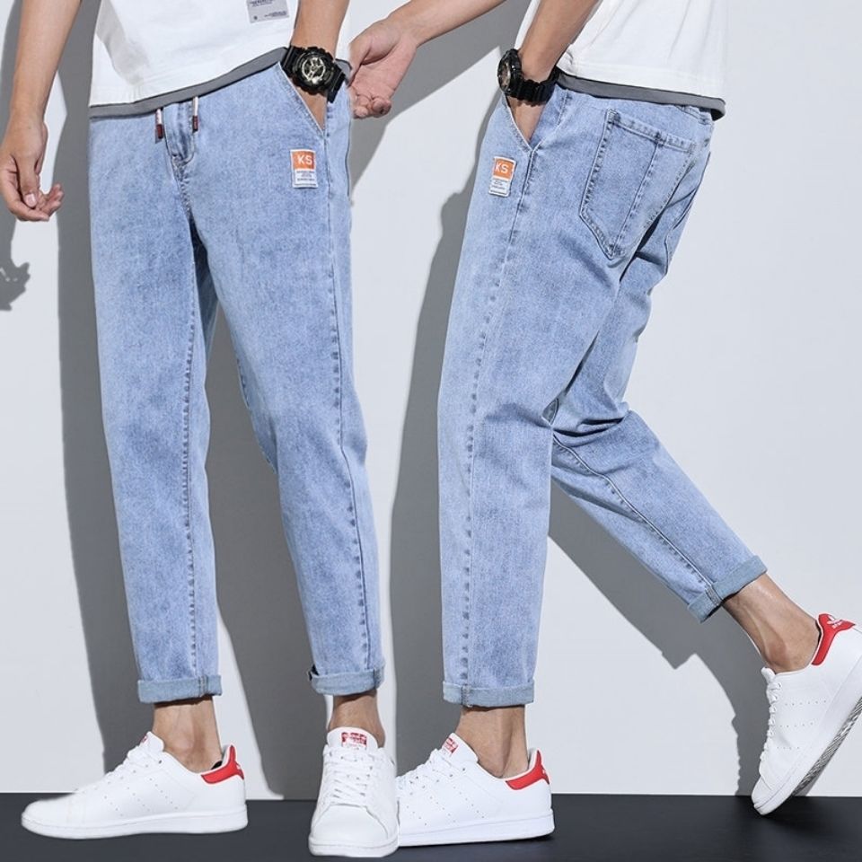 新款春季浅蓝色牛仔裤男九分裤宽松哈伦松紧弹力韩版潮流青年百搭