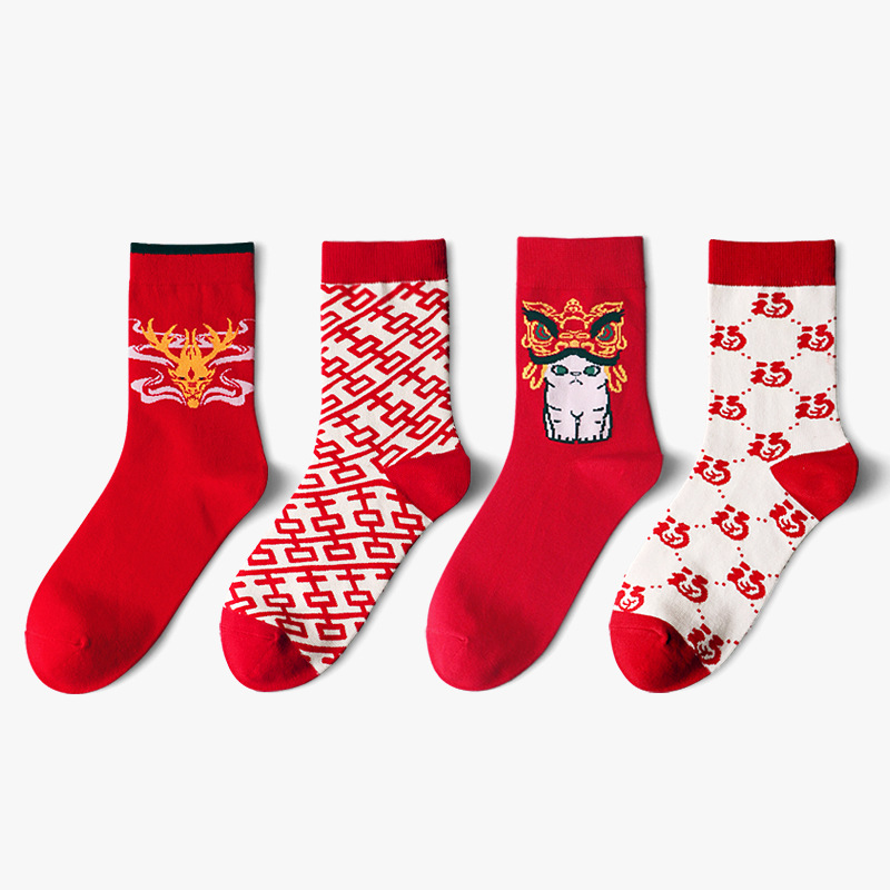 Painting Shell New Original Red Socks Personality National Fashion Men and Women's Natal Year Mid-Calf Short Ankle Socks Wedding Cotton Socks
