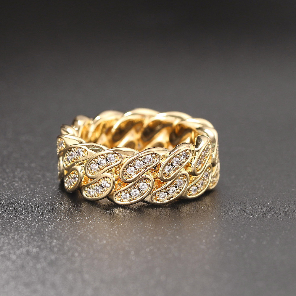 欧美嘻哈古巴链戒指 男士满圈锆石镀金8mm链条指环跨境爆款饰品