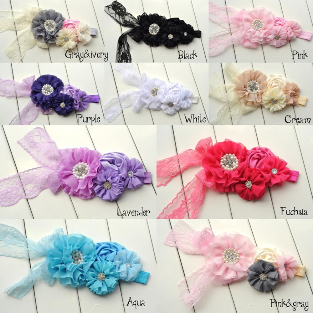 Best Seller in Europe and America Children's Hair Accessories Contrast Color Baked Edge Flower Lace Bow with Diamond Baby Hair Band Lace Headband