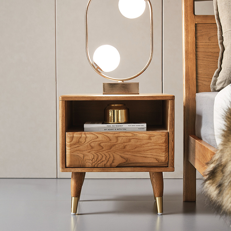 床头柜两层抽屉实木极简简约创意 定制现代原木北美白蜡木床头柜