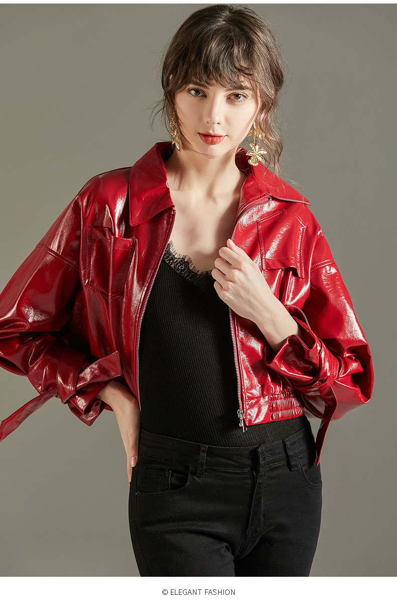 外贸高级漆皮皮衣女短款小外套复古亮色气质枣红色酷帅机车皮夹克