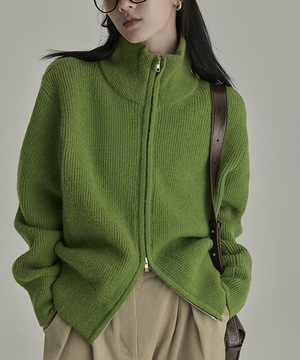 法式复古高领拉链针织毛衣开衫外套女秋冬宽松牛油果绿色打底上衣