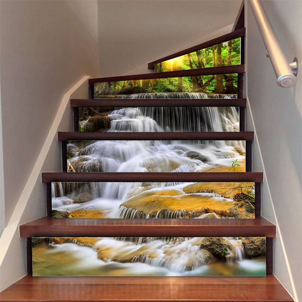 跨境新款楼梯3d瀑布流水风景贴纸尚易t134台阶装饰背景墙贴批发