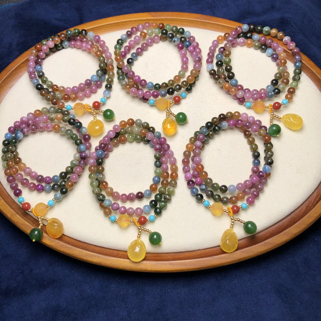 天然碧玺三圈手链艳丽色彩冰淇淋手链碧玺晶体通透水晶彩宝碧玺