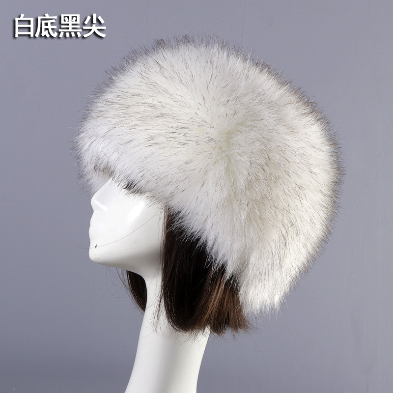 仿狐狸毛圆平顶仿皮草帽子加厚秋冬毛毛俄罗斯蒙古帽子保暖护耳帽