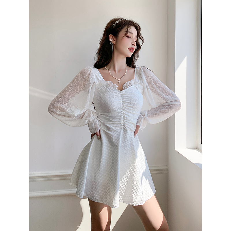 Super Fairy Ins Swimsuit Female Fashion Conservative Fairy Style Long Sleeve Sun Protection Slimming Small Chest Gathered Skirt One Piece Swimsuit