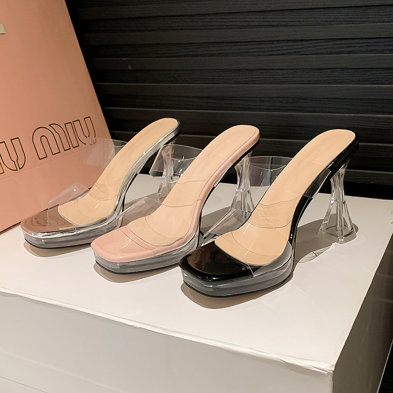 2024夏季新款 时尚防水台透明跟凉鞋简约百搭水晶跟高跟凉拖女鞋