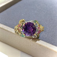 多彩花朵开口彩宝戒指 意大利双色金工艺手工镶嵌烟花切紫钻戒指
