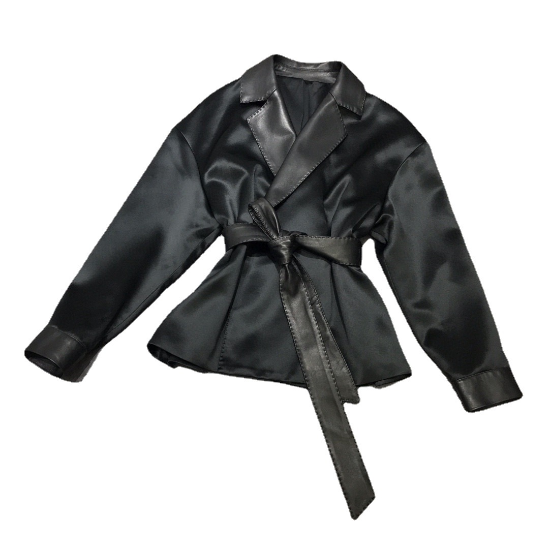 海宁厂家2021秋季新款简约西装领修身束腰女士醋酸拼皮皮衣绵羊皮