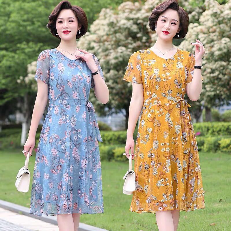 中老年妈妈装夏季女装2024新款洋气大码雪纺连衣裙气质宽松裙子潮