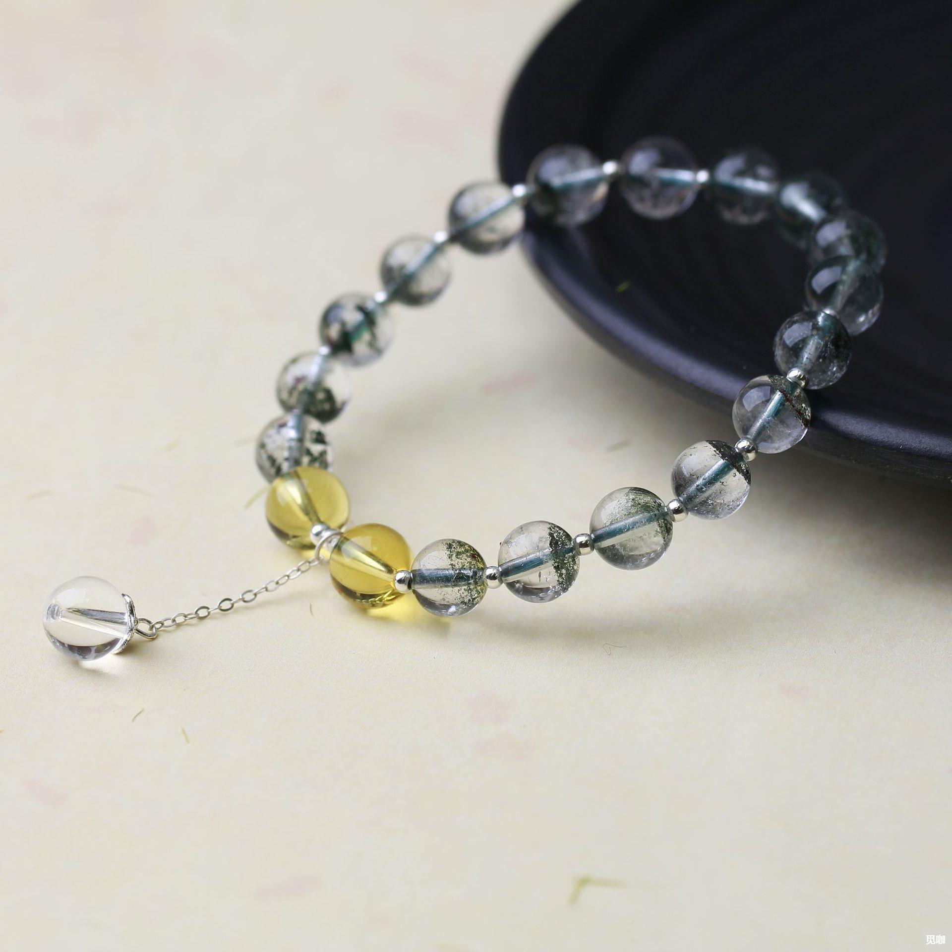 天然水晶手链绿幽灵搭配黄水晶白水晶圆珠吊坠链男女生款单圈手串