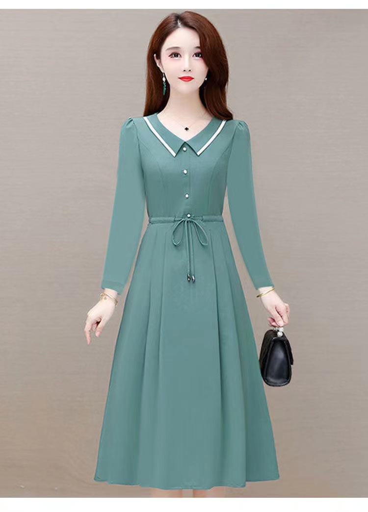 跨境2022春秋季长袖连衣裙气质妈妈装洋气减龄收腰显瘦小个子批发