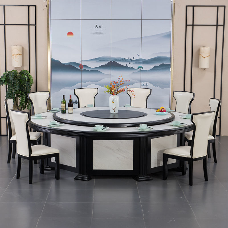 酒店餐桌大圆桌15人20人饭店家用实木新中式电动转盘圆桌带电磁