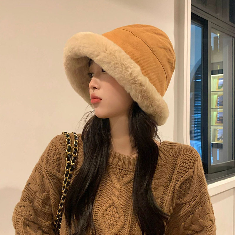 Autumn and Winter Thickening Plush Warm Fisherman Hat Women's Cold-Proof Windproof Earflaps Bucket Hat Northern Winter Curling Mongolian Hat