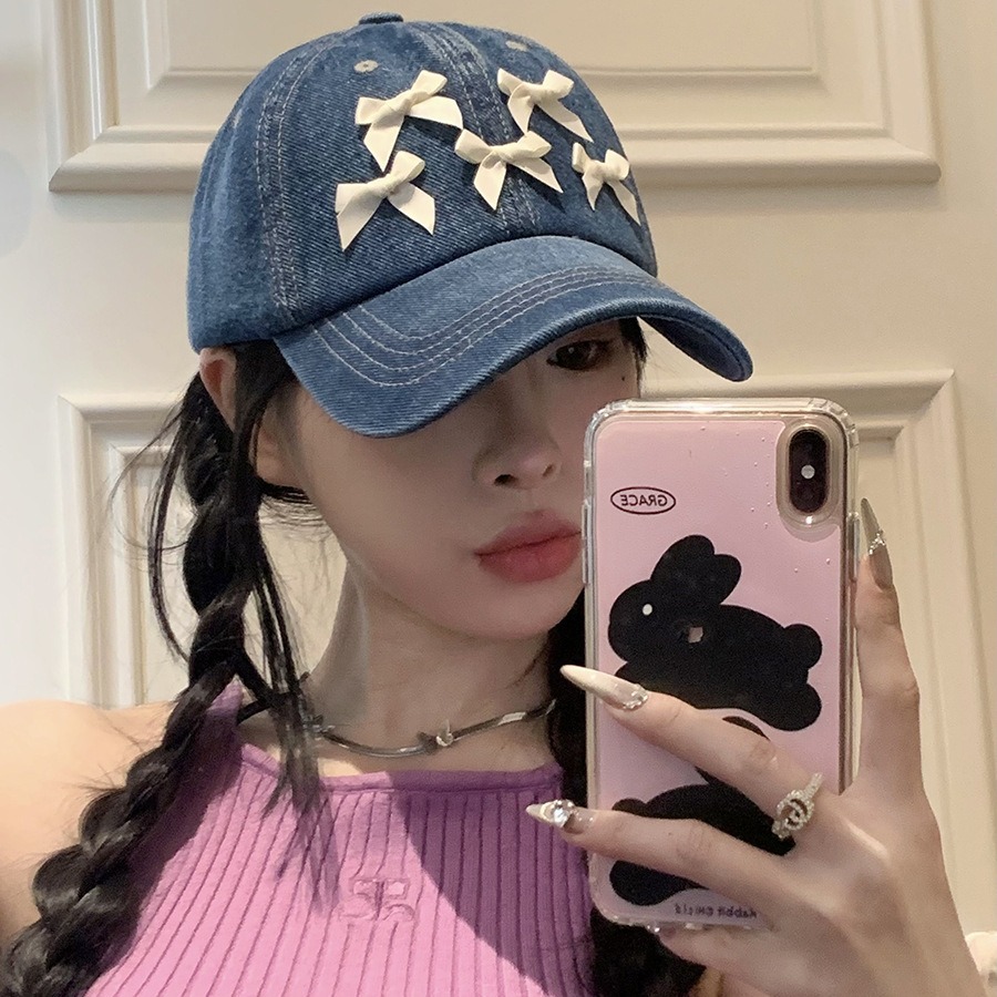 Bow Peaked Cap for Women 2024 New Spring and Summer Korean Style Versatile Ins Washed Denim Sun Protection Baseball Cap