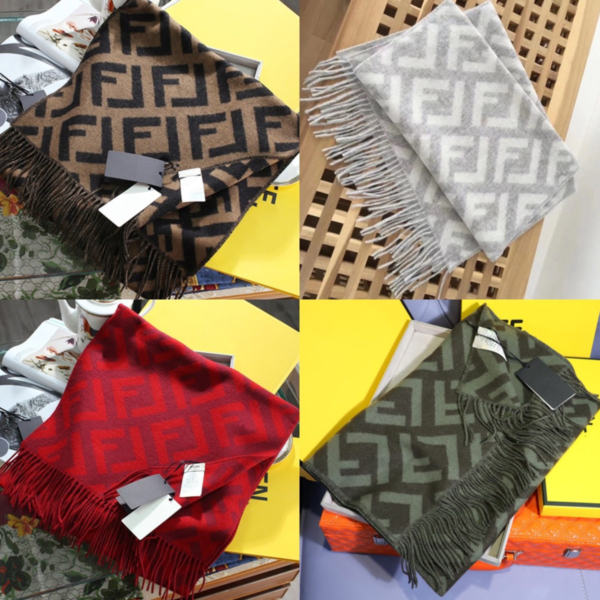 新款浅灰色fd围巾女f家羊绒披肩秋冬季保暖羊毛双f字母围脖男红色