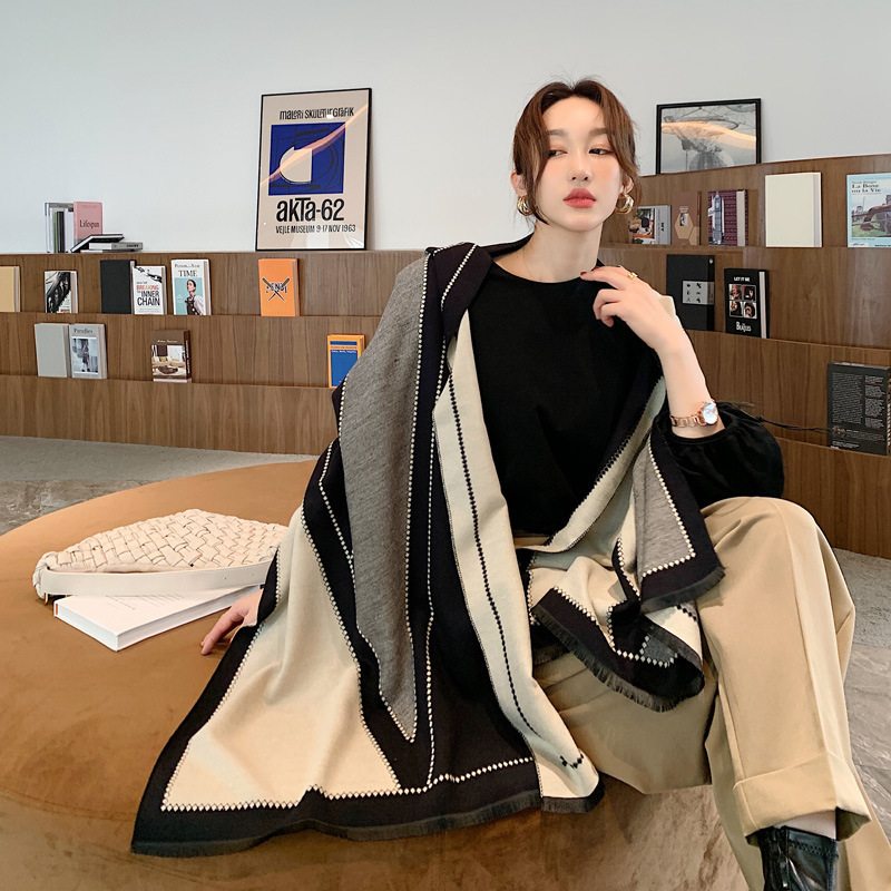 New Large V-Shaped Shawl Warm Thickened Double-Sided Artificial Cashmere Scarf Women's Korean-Style Office Air Conditioning Shawl Scarf