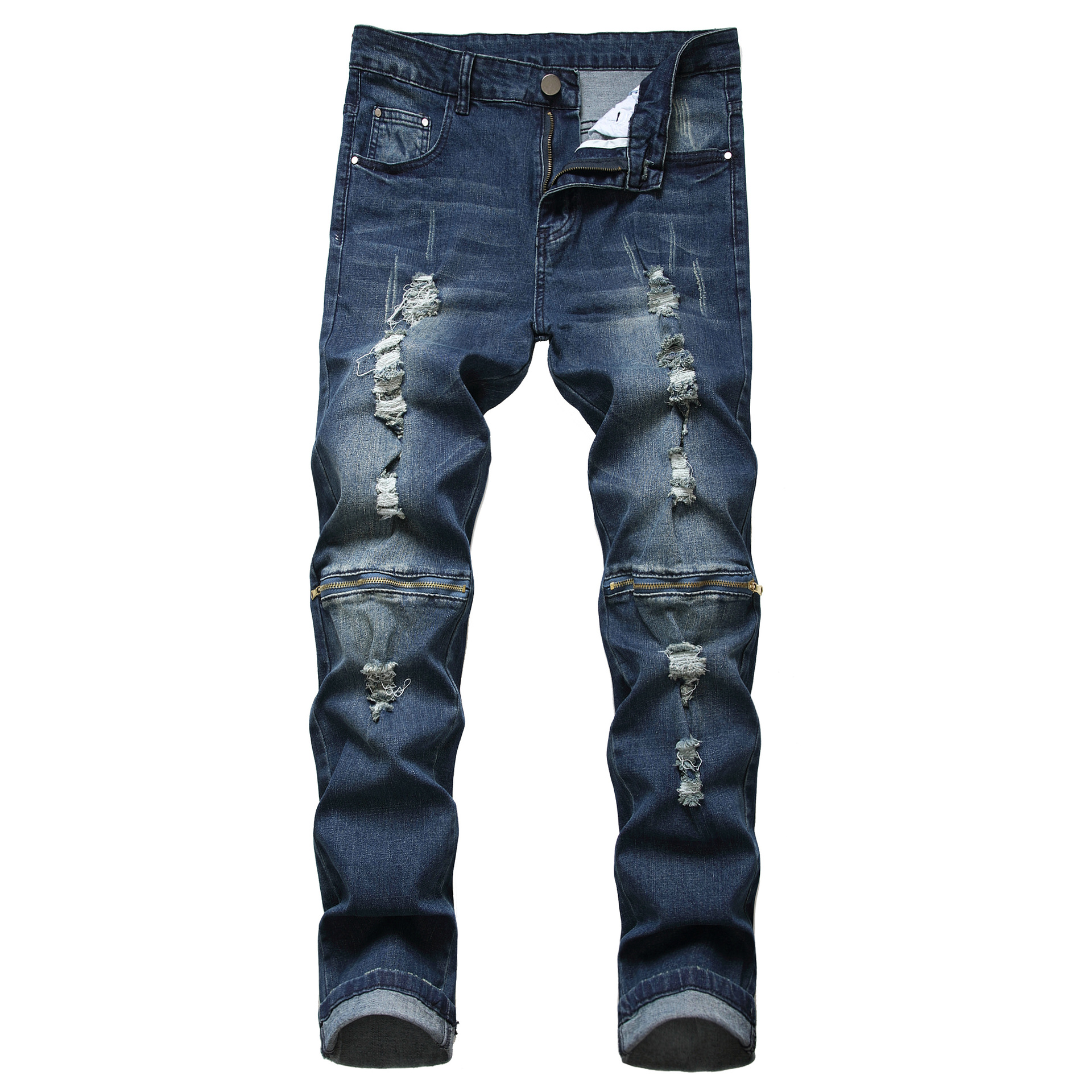 European and American High Street Men's Ripped Zipper Ripped Jeans Stretch Slim Foreign Trade Amazon Fashion Trousers