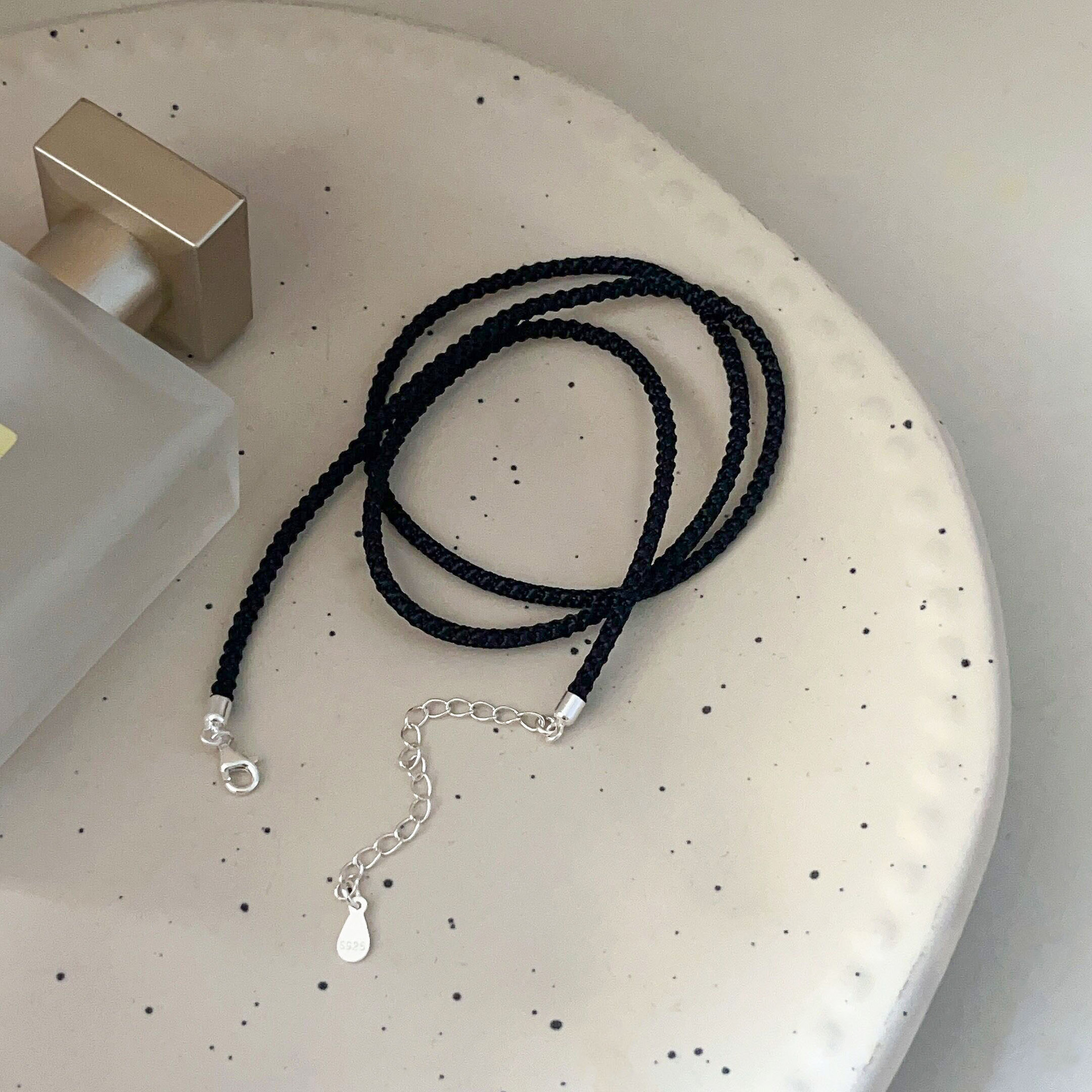 银瑞泰s925纯银黑色项链绳子手工编织男女款挂脖高档单条古风挂绳