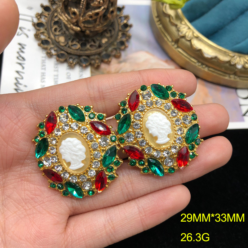 Cross-Border Sold Jewelry Avatar Embossed Brooch Earrings Vintage Jewelry Diamond Red Green Rhinestone Hollow Pin