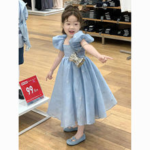 韩国童装2024夏季新款蓝色泡泡袖连衣裙女童艾莎公主裙儿童礼服裙