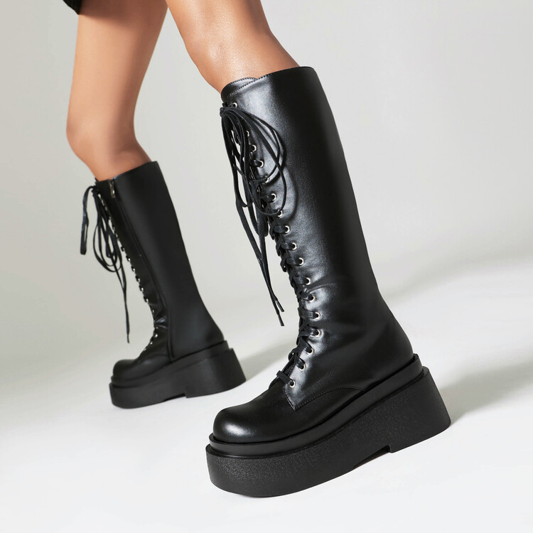 绑带及膝长靴2023外贸秋冬新款欧美风圆头双防水台厚底前系带女靴