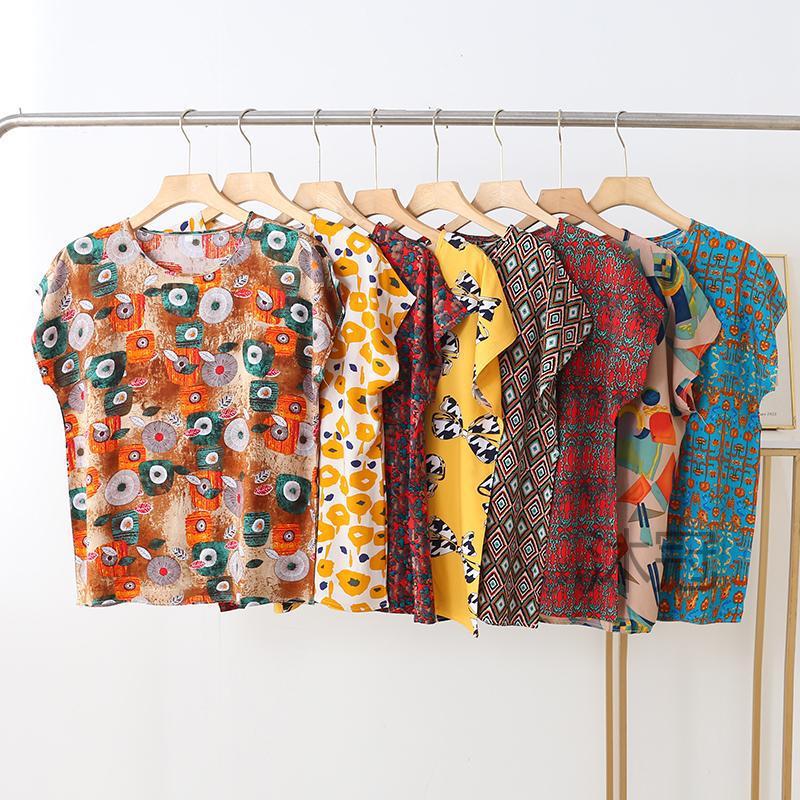 中老年印花棉绸t恤女士夏季薄款打底衫短袖人造棉单件妈妈装上衣