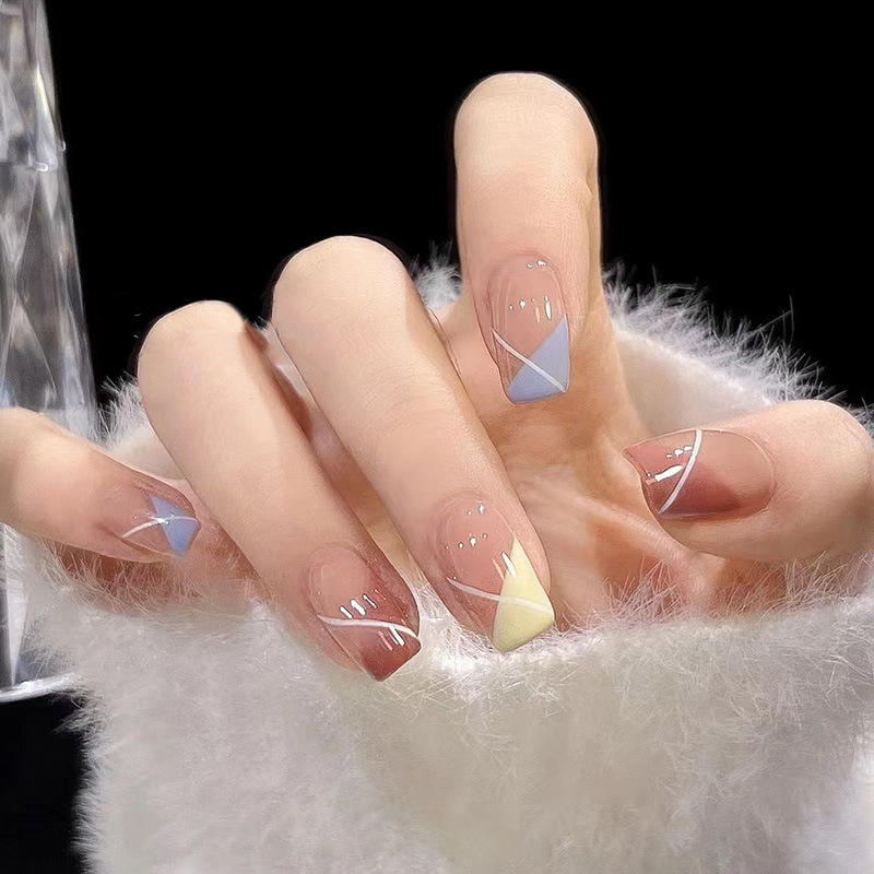 夏季穿戴甲清新几何线条指甲贴片法式美甲片假指甲美甲贴片成品甲